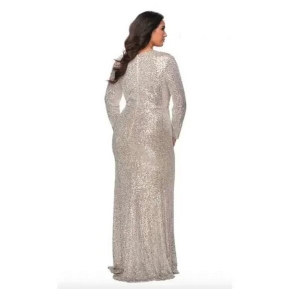 La Femme Curve Silver Sequin Long Sleeve Side Slit Gown - Picture 3 of 3